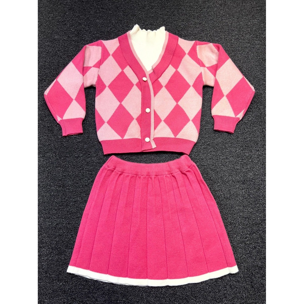 Girls Two-Piece Sweater & Skirt 6Y Pink Diamond Print Tight Knit Button Front
